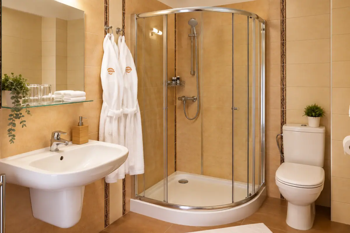 Kúpeľňa so sprchovacím kútom, umývadlom, WC a županmi
