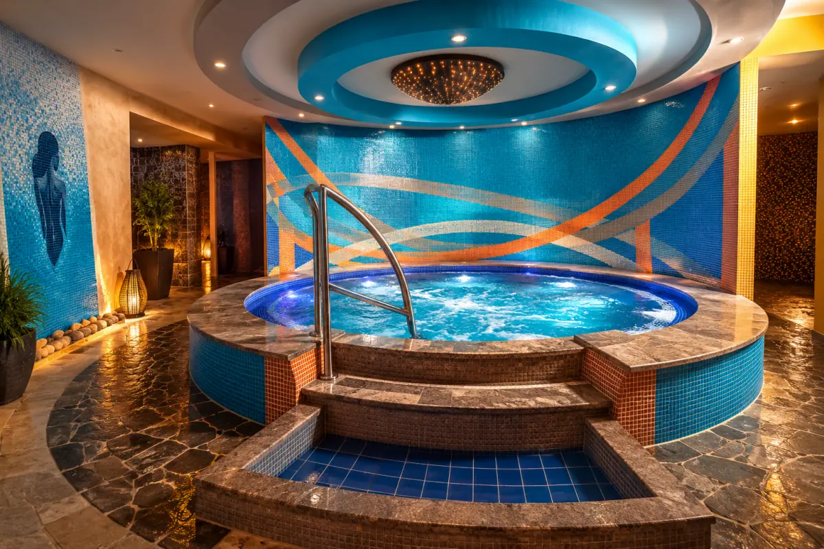 Hydromasážny kruhový bazén s mozaikou vo wellness