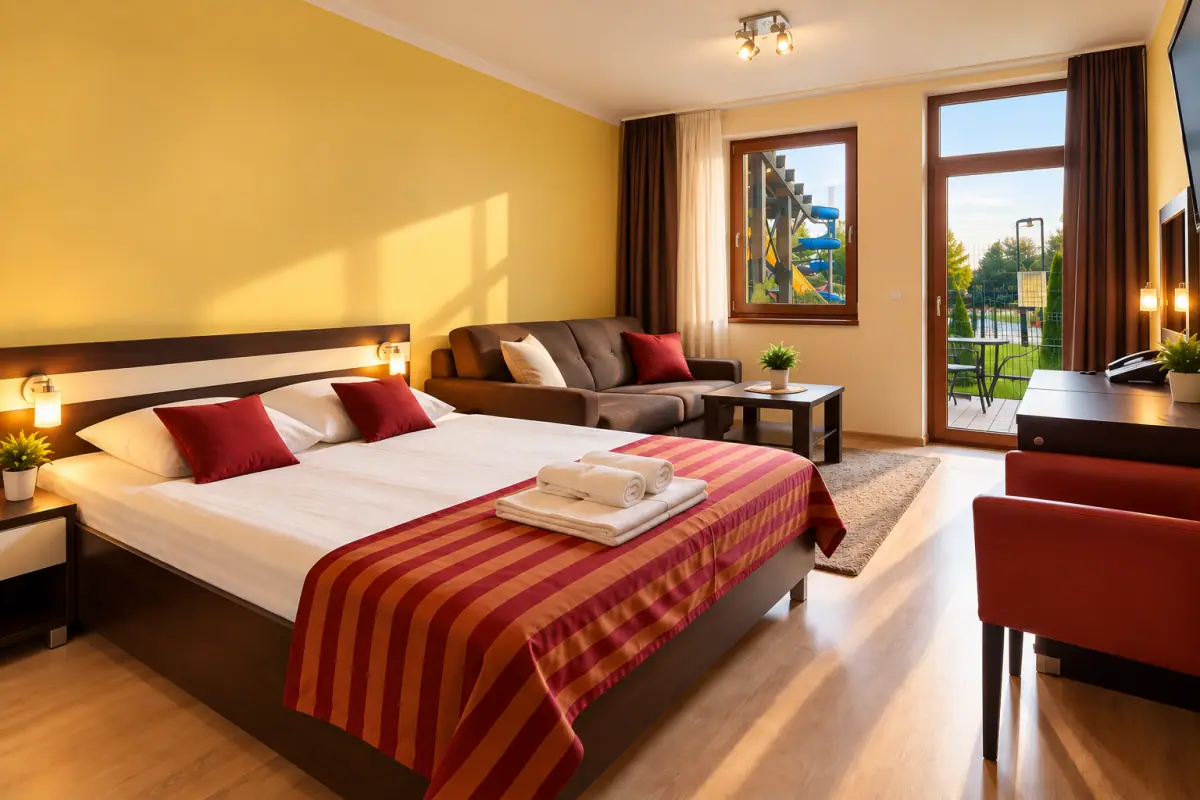 Veľká manželská posteľ a sedačka v apartmáne